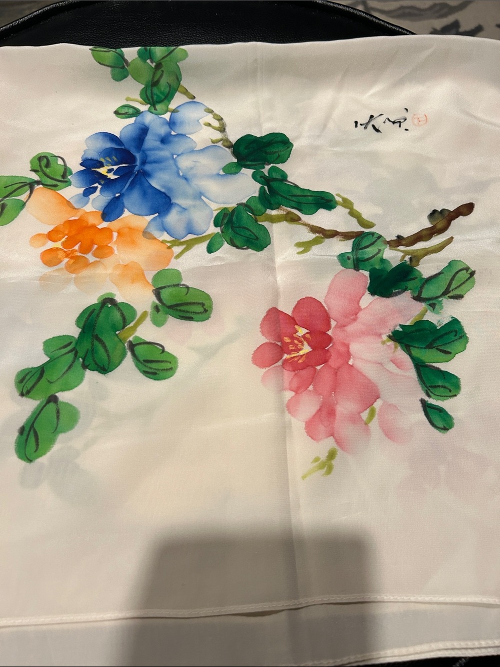 Floral Silk-Feel White Scarf with Blue, Pink & Orange Blooms